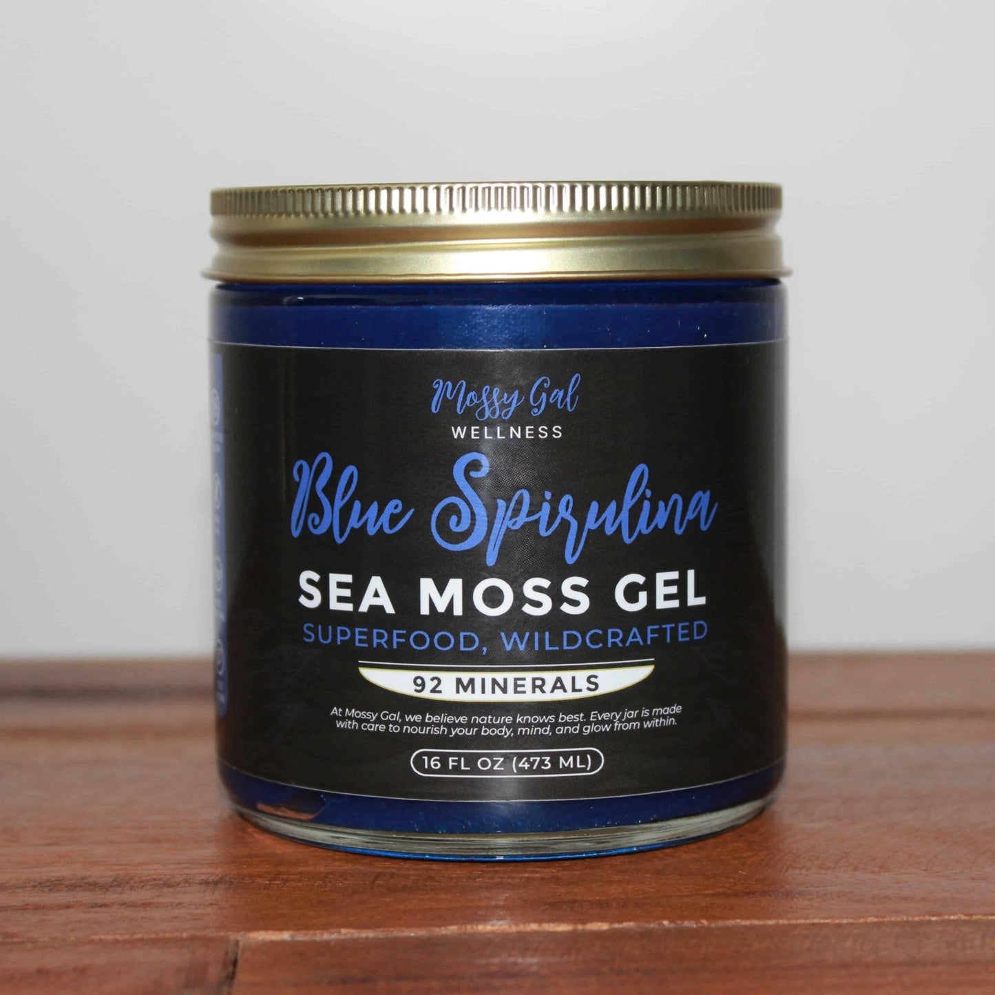 Mossy Gal Sea Moss Gel – Blue Spirulina flavor in 16 oz jar.