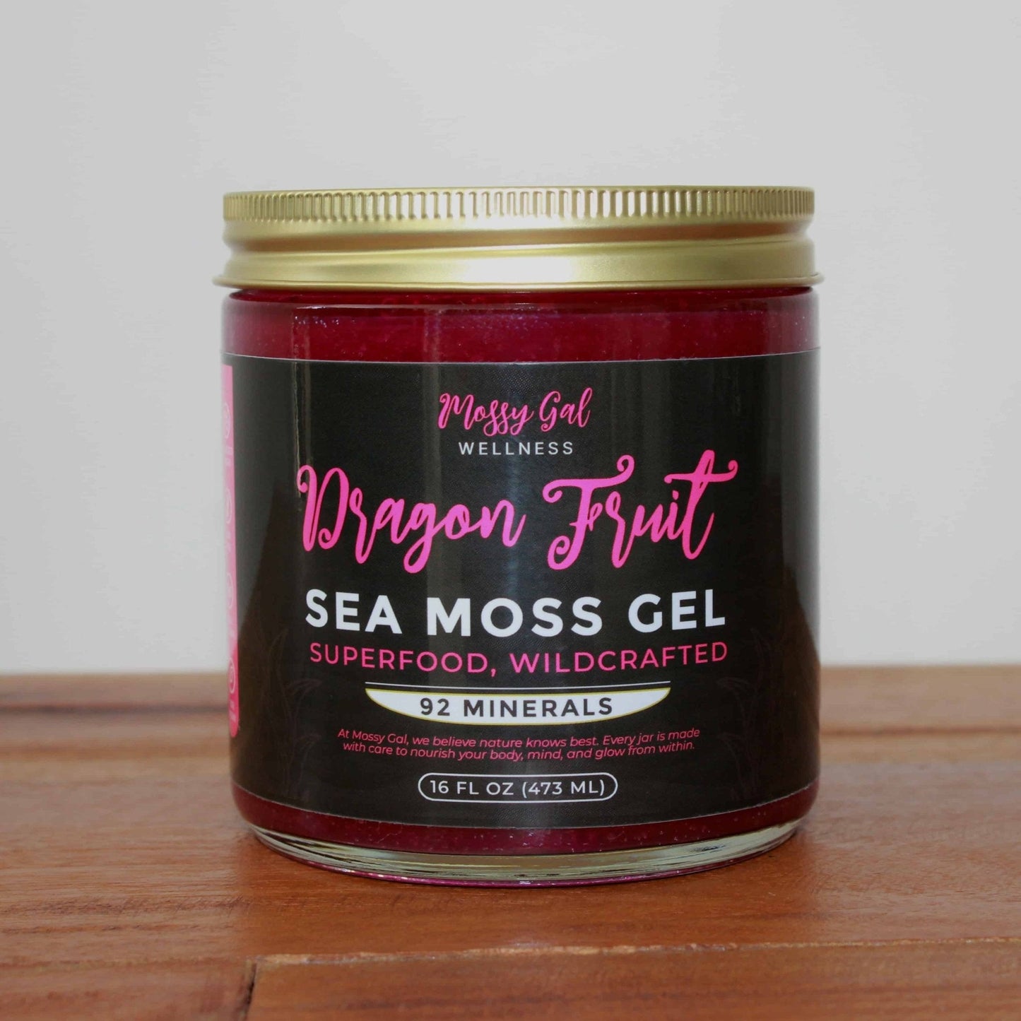 Mossy Gal Sea Moss Gel – Dragon Fruit flavor in 16 oz jar.