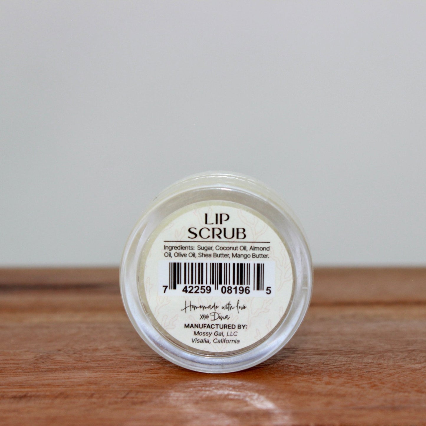 Mossy Gal Lip Scrub (back) with coconut oil, shea butter, and mango butter.