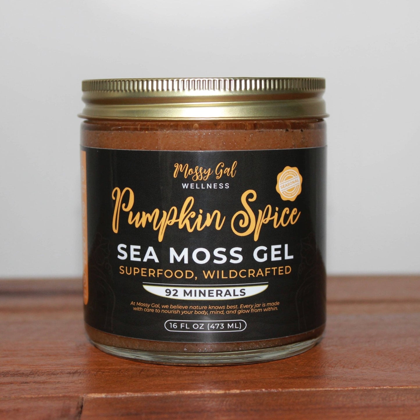 Mossy Gal Pumpkin Spice Sea Moss Gel jar — wildcrafted blend with cinnamon, nutmeg, and cloves for seasonal wellness.