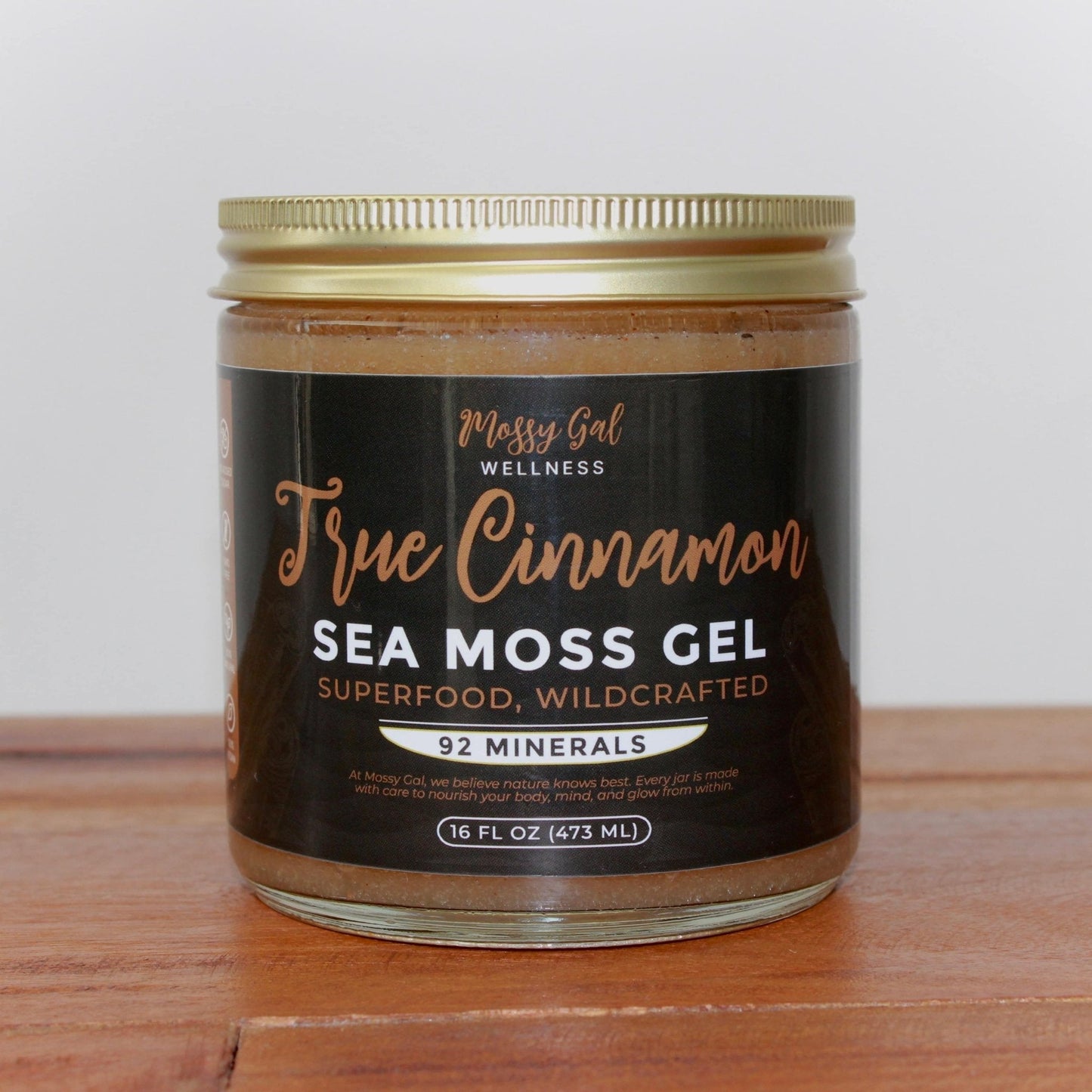 Mossy Gal Sea Moss Gel – True Cinnamon flavor in 16 oz jar.