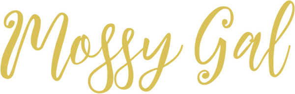Mossy Gal logo in gold script lettering.