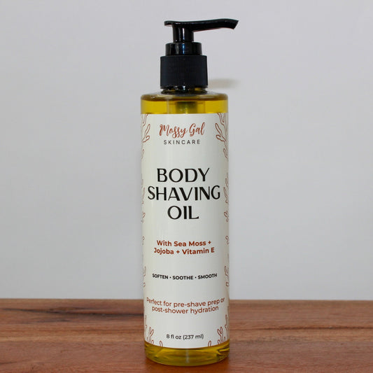 Mossy Gal Body Shaving Oil in clear cosmetic bottle.