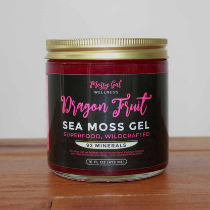 Mossy Gal Sea Moss Gel – Dragon Fruit flavor in 16 oz jar.