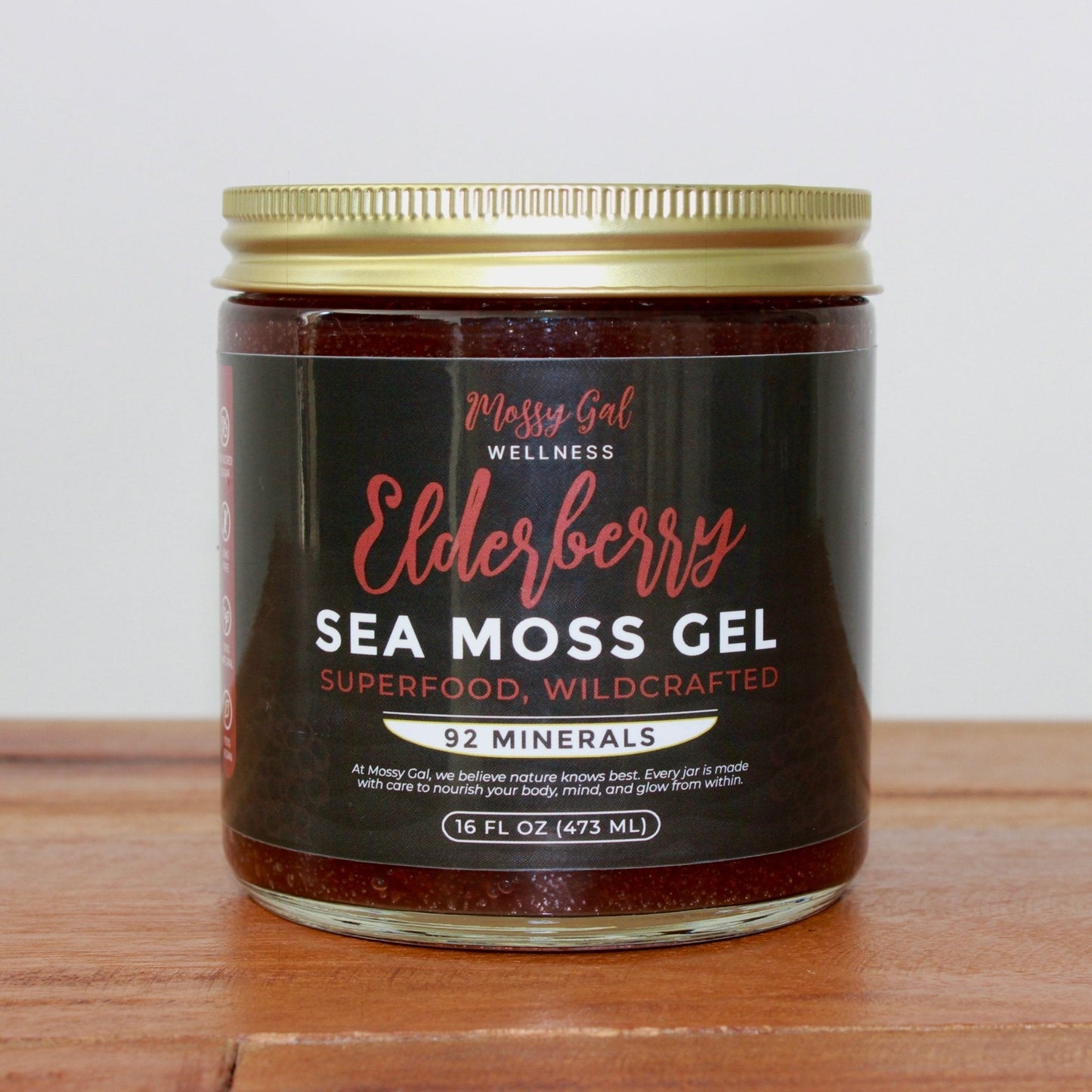 Mossy Gal Elderberry Sea Moss Gel — purple immunity blend in 16 oz jar, rich in minerals and antioxidants for wellness.