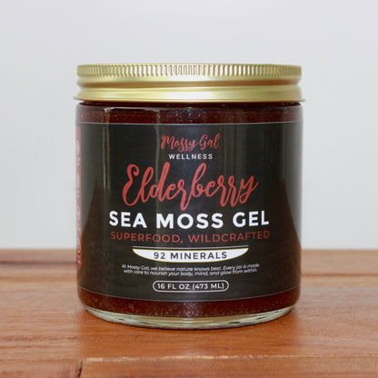 Mossy Gal Elderberry Sea Moss Gel — purple immunity blend in 16 oz jar, rich in minerals and antioxidants for wellness.