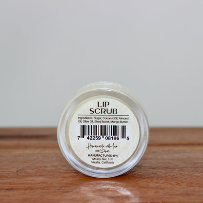 Mossy Gal Lip Scrub (back) with coconut oil, shea butter, and mango butter.