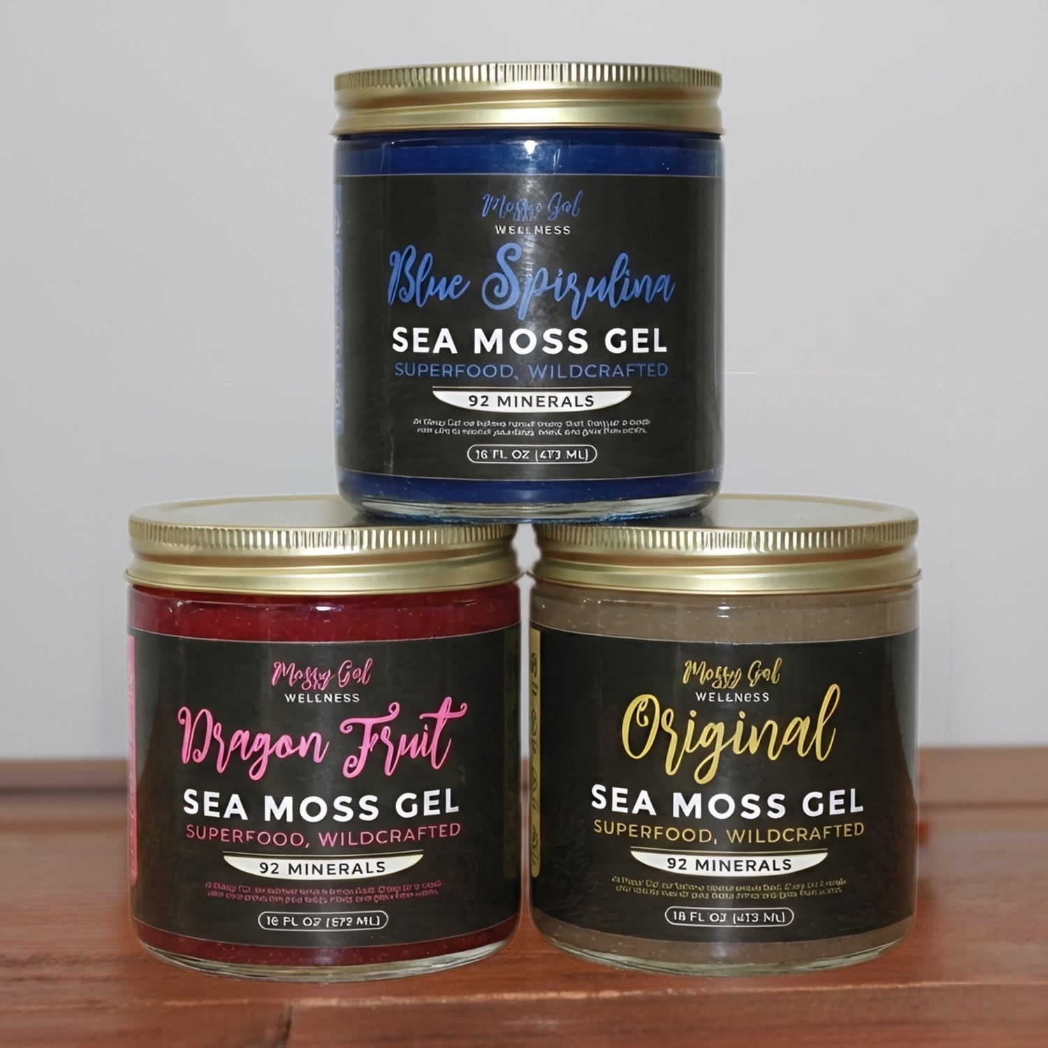 Mossy Gal best sellers sea moss gel three jar set including Original, Blue Spirulina, and Dragon Fruit