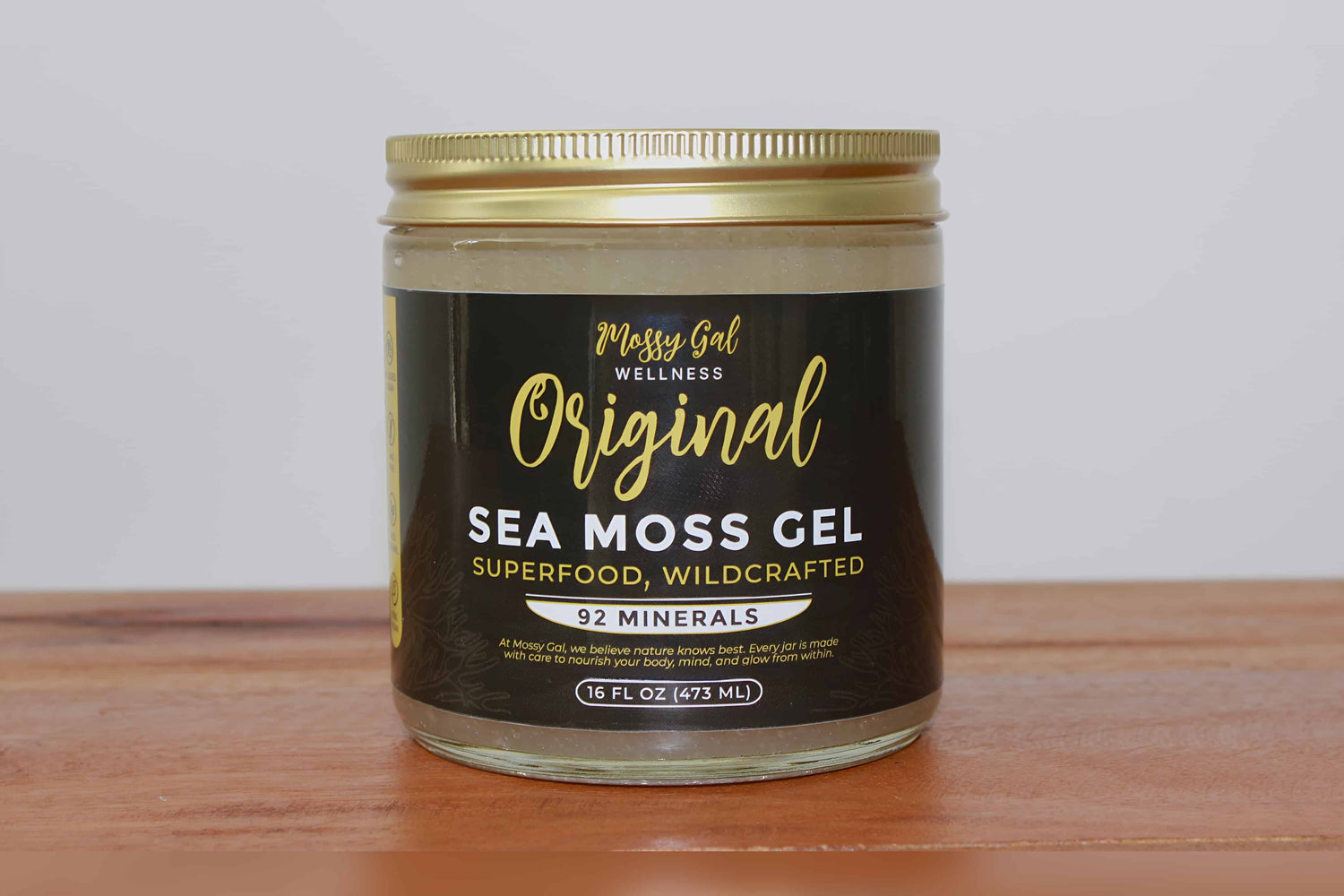 Mossy Gal Sea Moss Gel – Original flavor in 16 oz jar with gold lid and black label.
