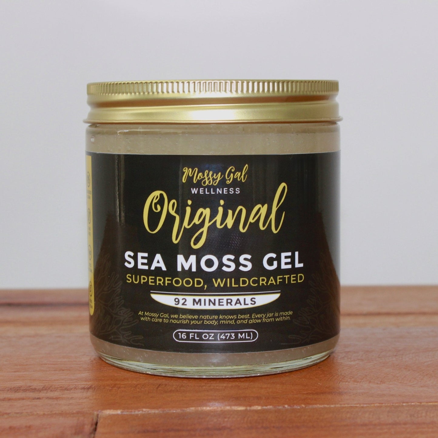 Mossy Gal Original Sea Moss Gel — pure gold wellness blend in 16 oz jar for energy, digestion, and skin health.