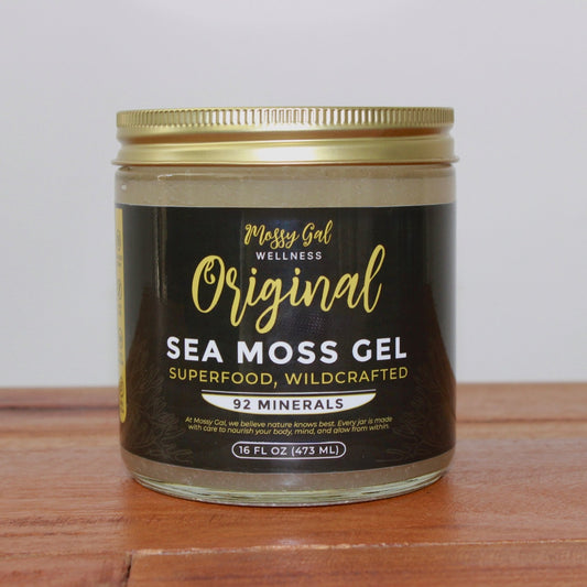 Mossy Gal Original Sea Moss Gel — pure gold wellness blend in 16 oz jar for energy, digestion, and skin health.