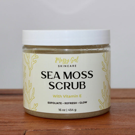 Mossy Gal Sea Moss Face Scrub in cosmetic jar with white  lid.
